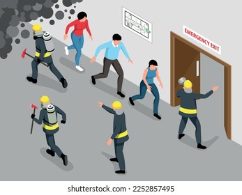 Isometric evacuation alarm concept with fire fighters vector illustration