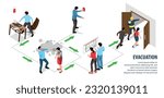 Isometric evacuation alarm flowchart with people rescuing fire vector illustration