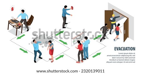 Isometric evacuation alarm flowchart with people rescuing fire vector illustration