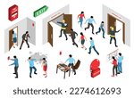 Isometric evacuation alarm icons set with rescue team isolated vector illustration