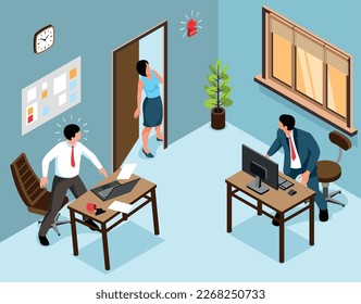 Isometric evacuation concept with office workers listen to fire alarm vector illustration