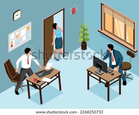 Isometric evacuation concept with office workers listen to fire alarm vector illustration