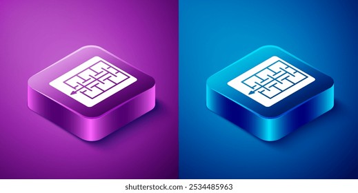 Isometric Evacuation plan icon isolated on blue and purple background. Fire escape plan. Square button. Vector