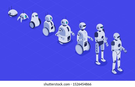 Isometric Evolution Of Robots. Progress In Robotics, Futuristic Robotic Machines And Robot Android Development. Engineering Android Cyborg Robots Tech Evolution 3D Vector Illustration