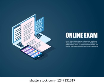 Isometric Exam online. Volume vector illustration in the style of flat. pass the test with half a computer, a phone, a laptop. Business education, courses, school, university. Landing for web.