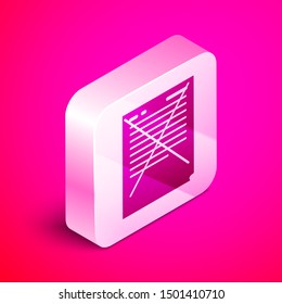 Isometric Exam paper with incorrect answers survey icon isolated on pink background. Bad mark of test results, concept of unsuccessful report. Silver square button. Vector Illustration