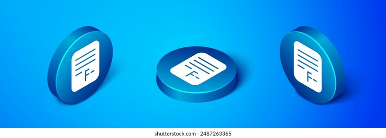 Papel de examen isométrico con respuestas incorrectas Icono de Encuesta aislado sobre fondo azul. Mala marca de resultados de pruebas. Botón círculo azul. Vector
