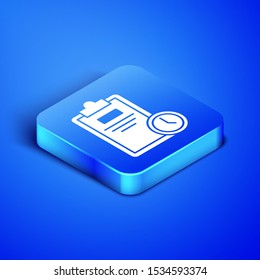 Isometric Exam sheet with clock icon isolated on blue background. Test paper, exam, or survey concept. School test or exam. Blue square button. Vector Illustration