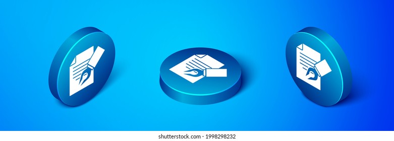 Isometric Exam sheet and pencil with eraser icon isolated on blue background. Test paper, exam, or survey concept. School test or exam. Blue circle button. Vector