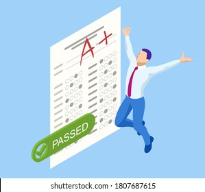 Isometric Exam sheet with A plus grade, flat design. The joy of a good exam result. The exam is passed.