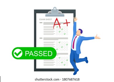 Isometric Exam sheet with A plus grade, flat design. The joy of a good exam result. The exam is passed.