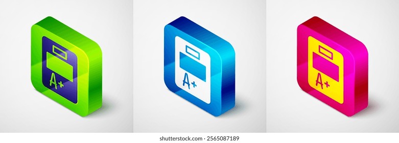 Isometric Exam sheet with A plus grade icon isolated on grey background. Test paper, exam, or survey concept. School test or exam. Square button. Vector