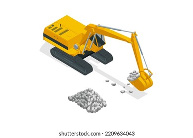 Isometric Excavator with Bucket lift up are digging. Isometric Yellow excavator