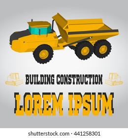 Isometric Excavator Icon. Building Construction Illustration. Business Card of Contractor.