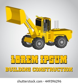 Isometric Excavator Icon. Building Construction Illustration. Business Card of Contractor.