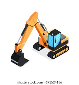 Isometric Excavator Isolated On White Background. 3d Icon Construction Digger. Special Construction Machinery. Vector Illustration.