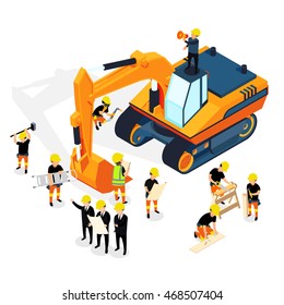 The Isometric Excavator On The Construction Site With Builders Isolated On White.