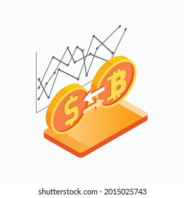 isometric exchange coins of dollar and bitcoin with arrows and chart, vector isometric payment