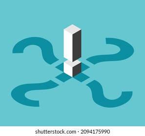 Isometric exclamation mark, question shadows. Doubt, confusion, uncertainty, search of truth, decision making and choice concept. Flat design. EPS 8 vector illustration, no transparency, no gradients