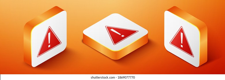 Isometrisches Ausrufezeichen in Dreieck-Symbol einzeln auf orangefarbenem Hintergrund. Gefahrenwarnung, Vorsicht, Aufmerksamkeit, Gefahrenwarnung wichtige Informationen. Orangefarbene Quadrat-Taste. Vektorgrafik.