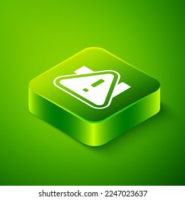 Isometric Exclamation mark in triangle icon isolated on green background. Hazard warning sign, careful, attention, danger warning important. Green square button. Vector