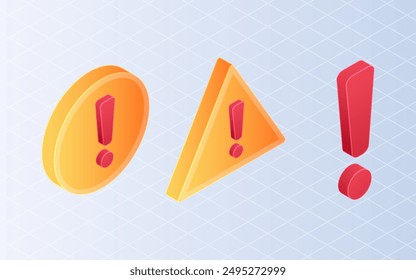 Isometric exclamation marks. Set caution, alert on white background