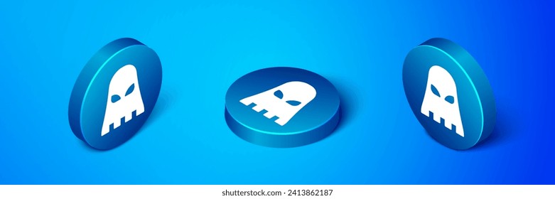 Isometric Executioner mask icon isolated on blue background. Hangman, torturer, executor, tormentor, butcher, headsman icon. Blue circle button. Vector