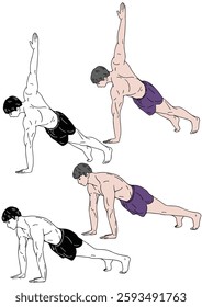 Isometric Exercise Sequence: A step-by-step illustration of a male figure executing a series of isometric exercises, demonstrating the proper form and progression, perfect for fitness enthusiasts.