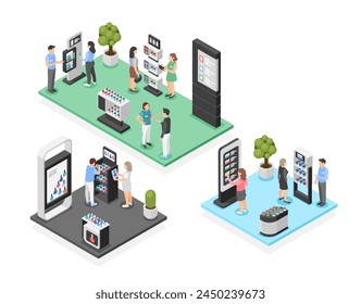 Isometric exhibition. Abstract promotional event with promoters, marketing workers and visitors. Company demo displays, flawless vector scene