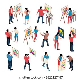 Isometric exhibition art gallery artist curator ser of isolated human characters with paintings on blank background vector illustration