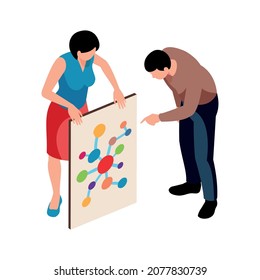 Isometric exhibition art gallery artist curator composition of isolated human characters and valuable painting vector illustration