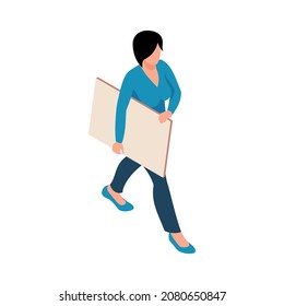 Isometric Exhibition Art Gallery Artist Curator Composition Of Isolated Artist Character Carrying Painting Vector Illustration