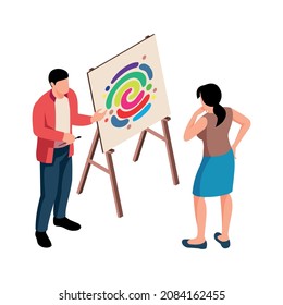 Isometric Exhibition Art Gallery Artist Curator Composition Of Isolated Human Characters And Painting In Progress Vector Illustration