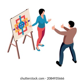 Isometric Exhibition Art Gallery Artist Curator Composition Of Male Character Showing Respect To Female Painter Vector Illustration