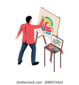 Isometric Exhibition Art Gallery Artist Curator Composition Of Isolated Human Character Of Male Painter At Work Vector Illustration