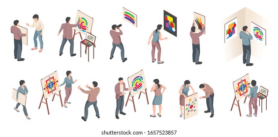 Isometric exhibition art gallery set of isolated icons and human characters with paintings on blank background vector illustration