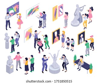 Isometric exhibition art gallery set with isolated icons and images of paintings statues with artist curator vector illustration