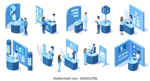 Pistas 3d promocionales de exposición isométrica. Pista de demostración de exposición, obreros de la exposición y visitantes de personajes ilustraciones vectoriales conjunto. Expo comercial es exhibición a promoción