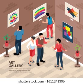 Isometric exhibition gallery background square composition with editable text and indoor scenery with people and paintings vector illustration