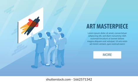 Isometrische Ausstellungs-Galerie-Horizontalbanner mit anklickbaren mehr Button bearbeitbaren Text-Malerei und Personengruppe Vektorillustration-Illustration