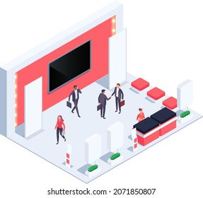 Isometric exhibition hall. Isometric exhibition hall with people. 3d promotional stands. Exposition booth. Blank mockup. Vector illustration.