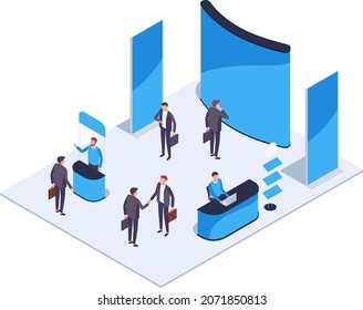 Isometric exhibition hall. Isometric exhibition hall with people. 3d promotional stands. Exposition booth. Blank mockup. Vector illustration.