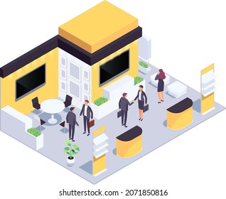 Isometric exhibition hall. Isometric exhibition hall with people. 3d promotional stands. Exposition booth. Blank mockup. Vector illustration.