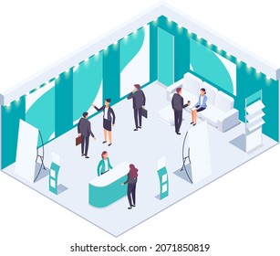 Isometric exhibition hall. Isometric exhibition hall with people. 3d promotional stands. Exposition booth. Blank mockup. Vector illustration.