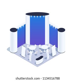 Isometric exhibition pavilion with promotional stands, advertising posters and flyer holder. Blank poster. 3d furniture. Vector illustration.