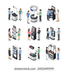 Isometric exhibition promo stand. Promoters and visitors near stands. Marketing workers demonstrated and promotions different goods flawless vector set