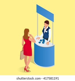 Isometric exhibition stand or  trade show. Woman in red dress came up to the stand. Expo stand on a white background. Mock Up Template For Your Design. Vector 3d illustration. 