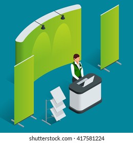 Isometric exhibition stand. Trade show booth concept.  Flat 3d vector Promotion Stand illustration. 
