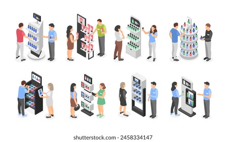 Isometric exhibition stands with promoters and visitors. Marketing workers working with clients on promotional display, sales flawless vector scenes