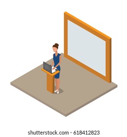 Isometric Exhibition Stands Or Trade Show. Business Woman. Vector 3d Illustration. Floor Stands Collection.